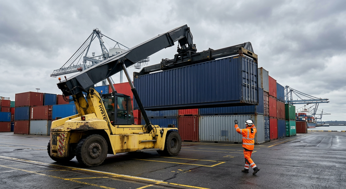 Reach stacker movimentando contêiner no pátio do terminal, guiado por operador com colete de segurança